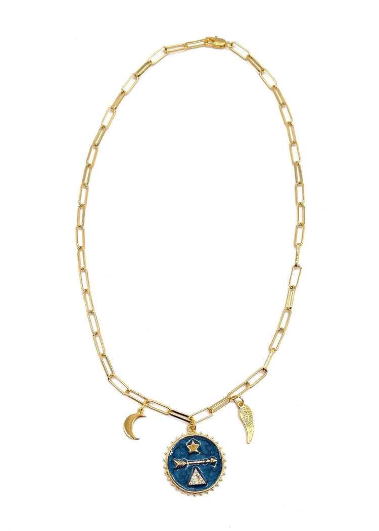 Moon and Angel Wing Blue Medallion Necklace